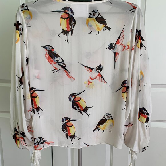 LOVE BINETTI Womens Sz L Geometric bird print Blouse 100% silk - Picture 9 of 14